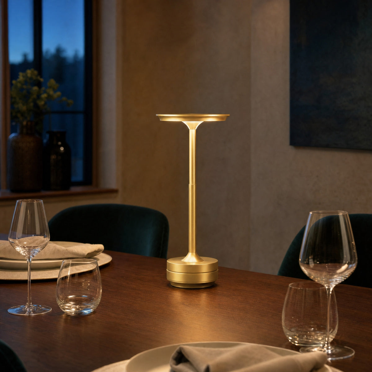 Gold Lumen Pro cordless lamp on an evening dining table — lifestyle visualization