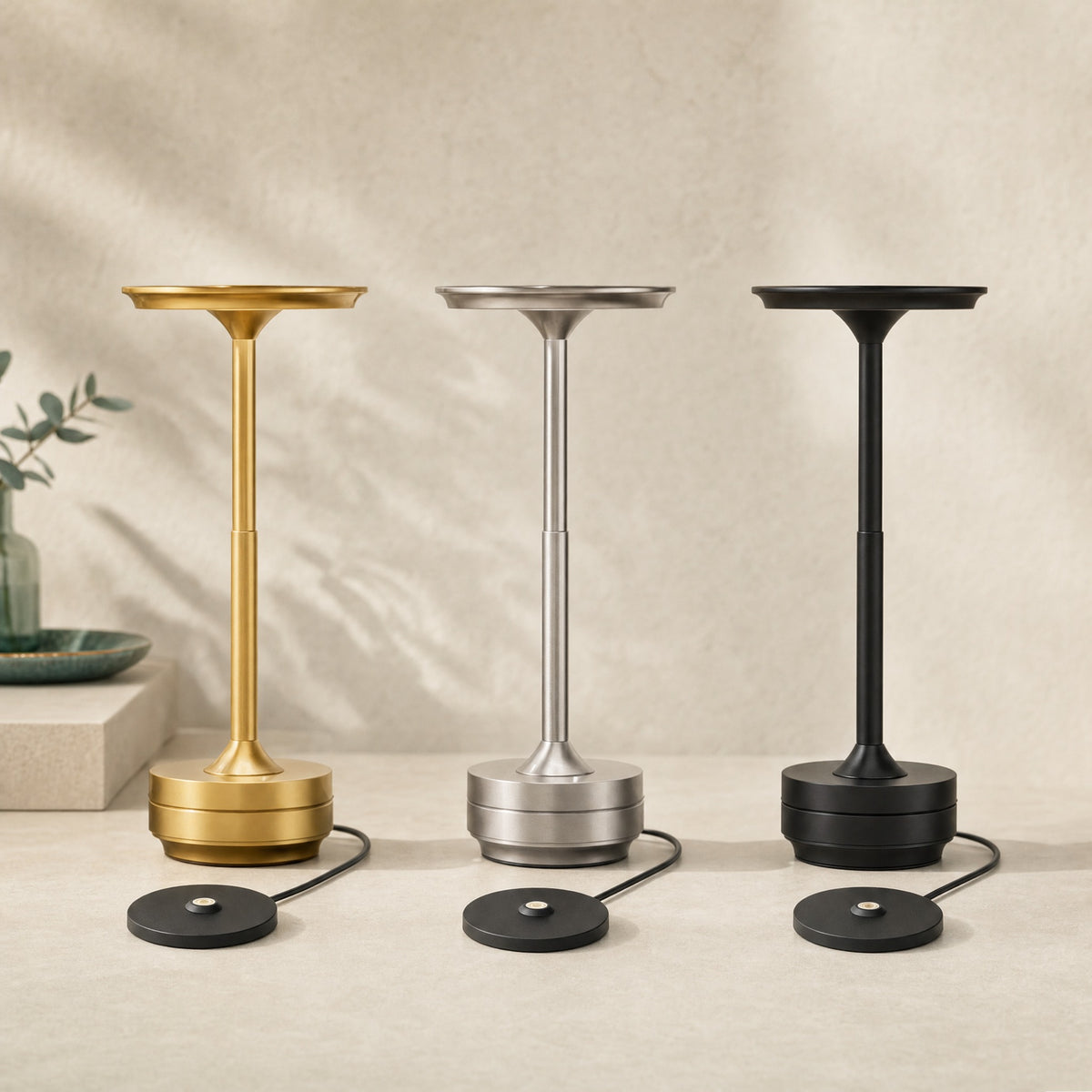 Lumen Pro individual lamp and charging base sets in Gold, Silver and Black — product visualization