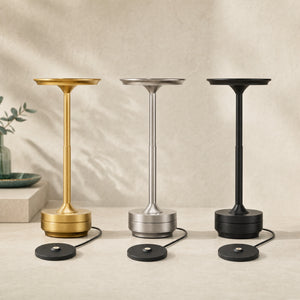 Lumen Pro individual lamp and charging base sets in Gold, Silver and Black — product visualization