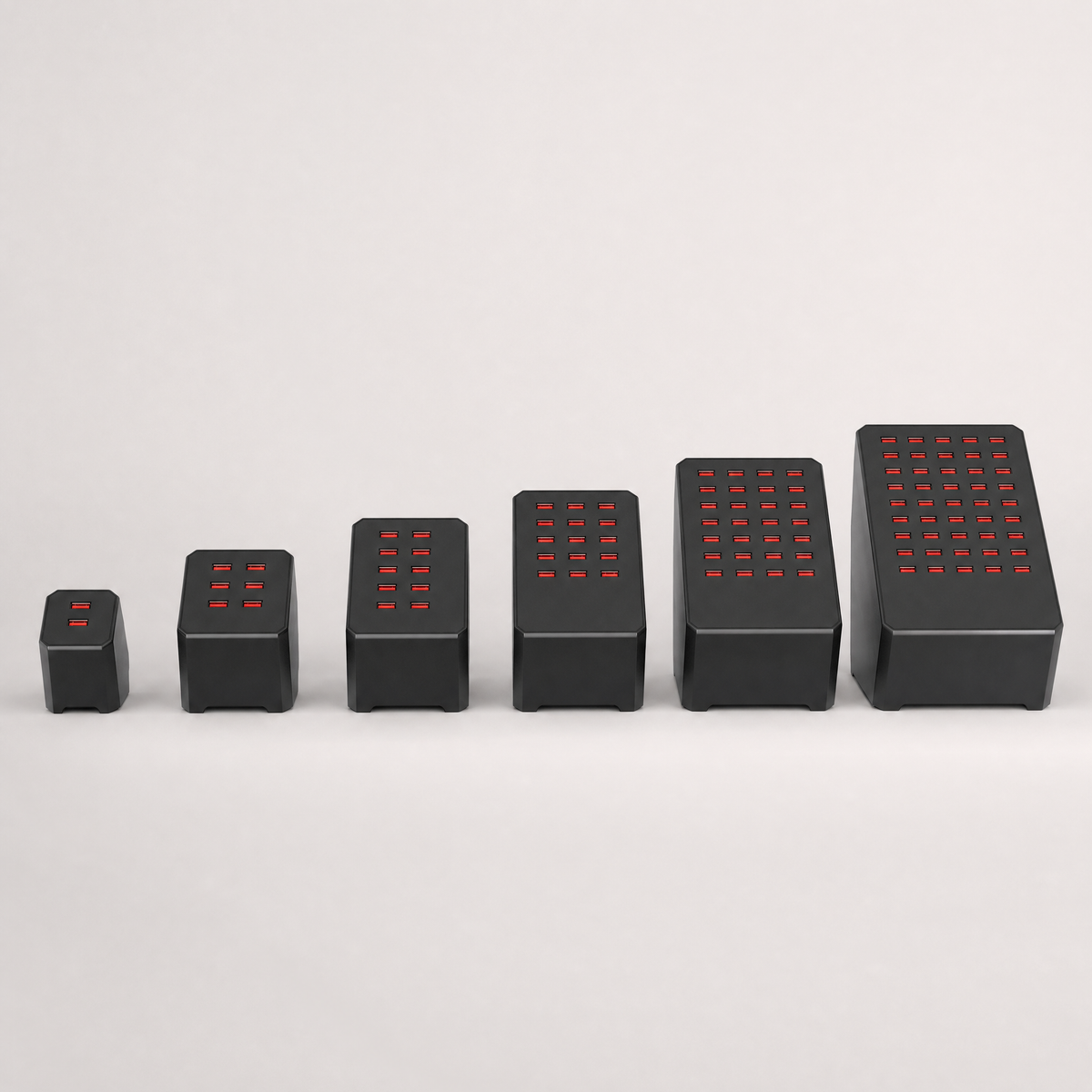 Charging station family lineup — 5 to 30 port sizes side by side