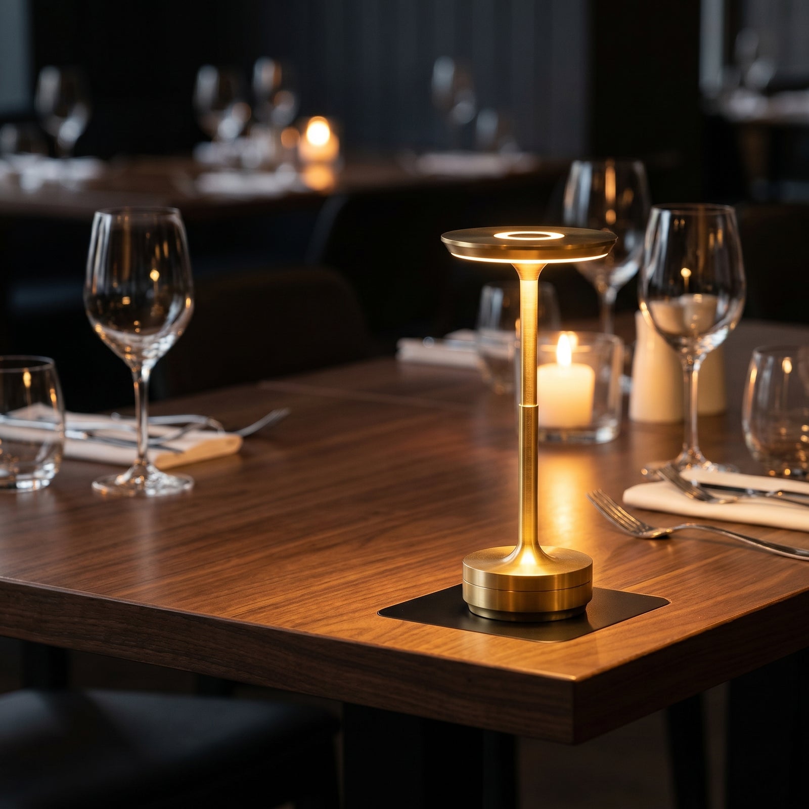 Lumen Pro gold lit on an upscale restaurant table