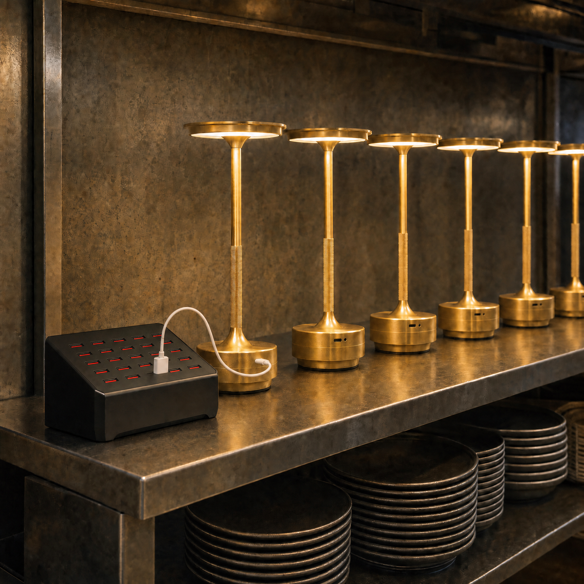 Charging station charging gold cordless table lamps overnight on a restaurant shelf — one USB cable connected from top-panel port to lamp base