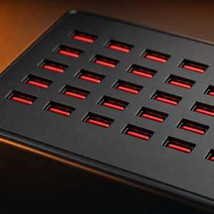 Close-up of the charging station's angled top panel showing rows of red USB-A ports