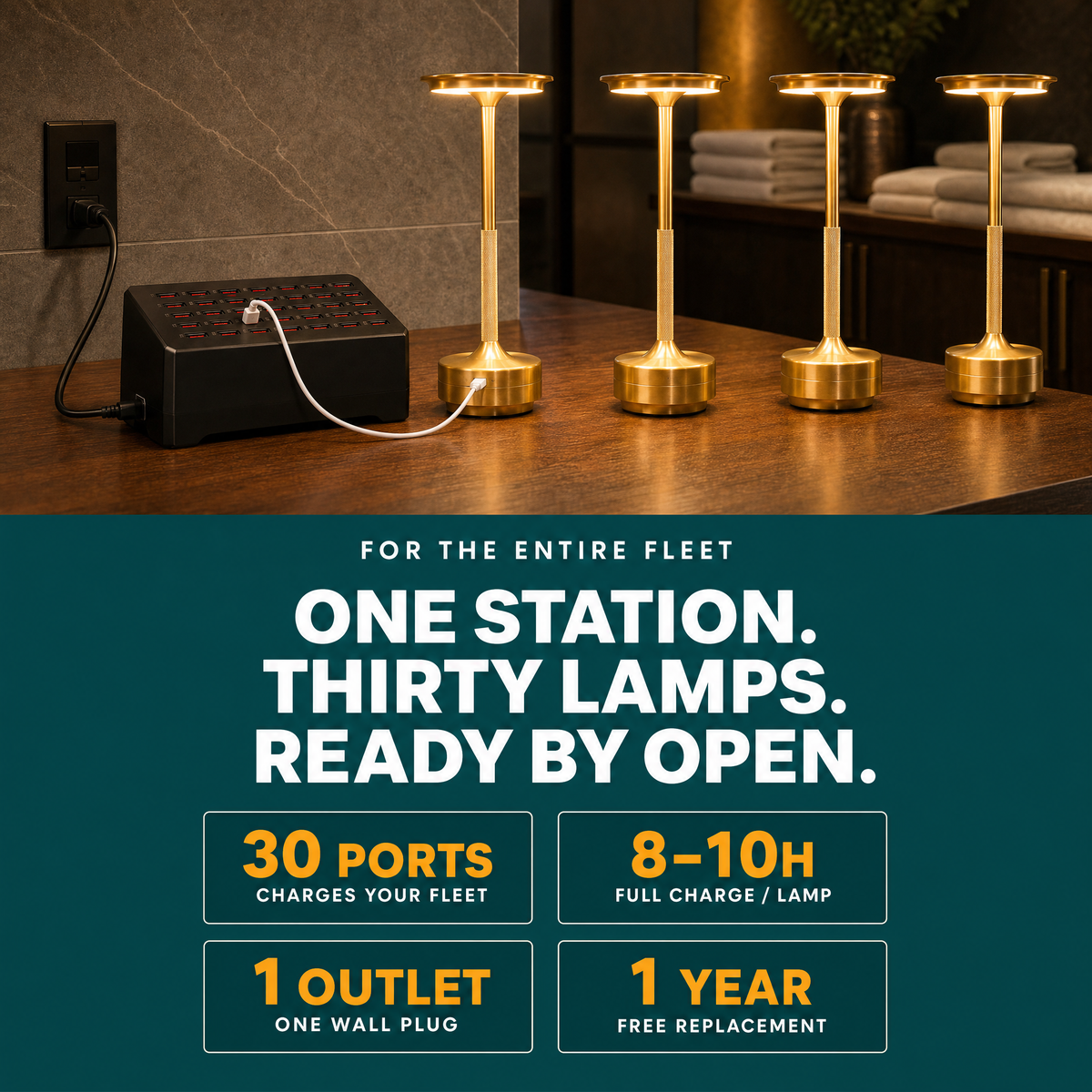 Charging station infographic — One station, thirty lamps, ready by open (v2 no CTA)