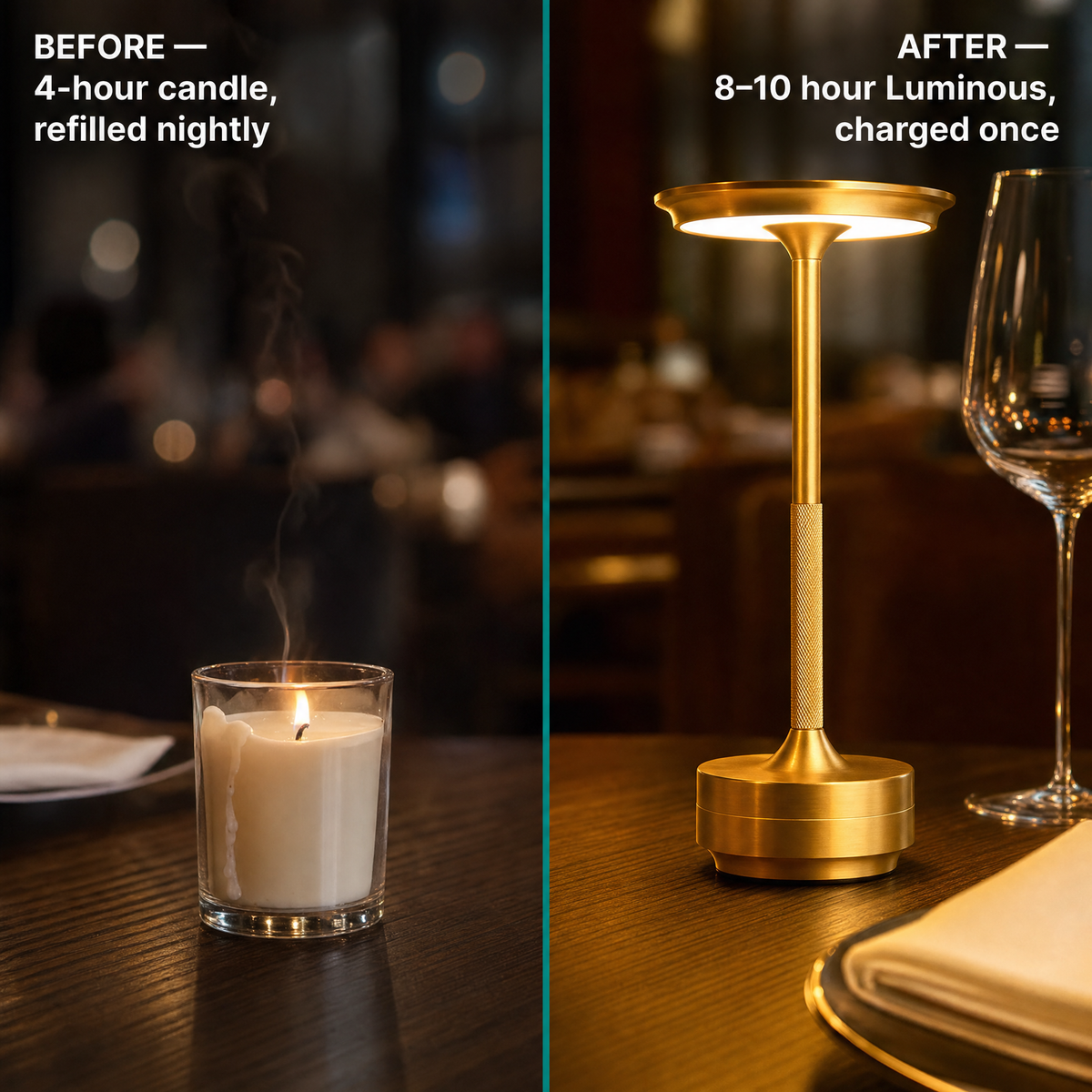 Candle vs Luminous — 4hr candle refilled nightly vs 8-10h Luminous charged once