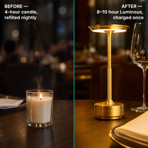 Candle vs Luminous — 4hr candle refilled nightly vs 8-10h Luminous charged once