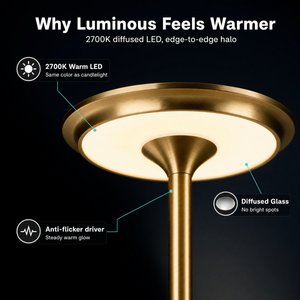 Why Luminous feels warmer — 2700K diffused LED, edge-to-edge halo