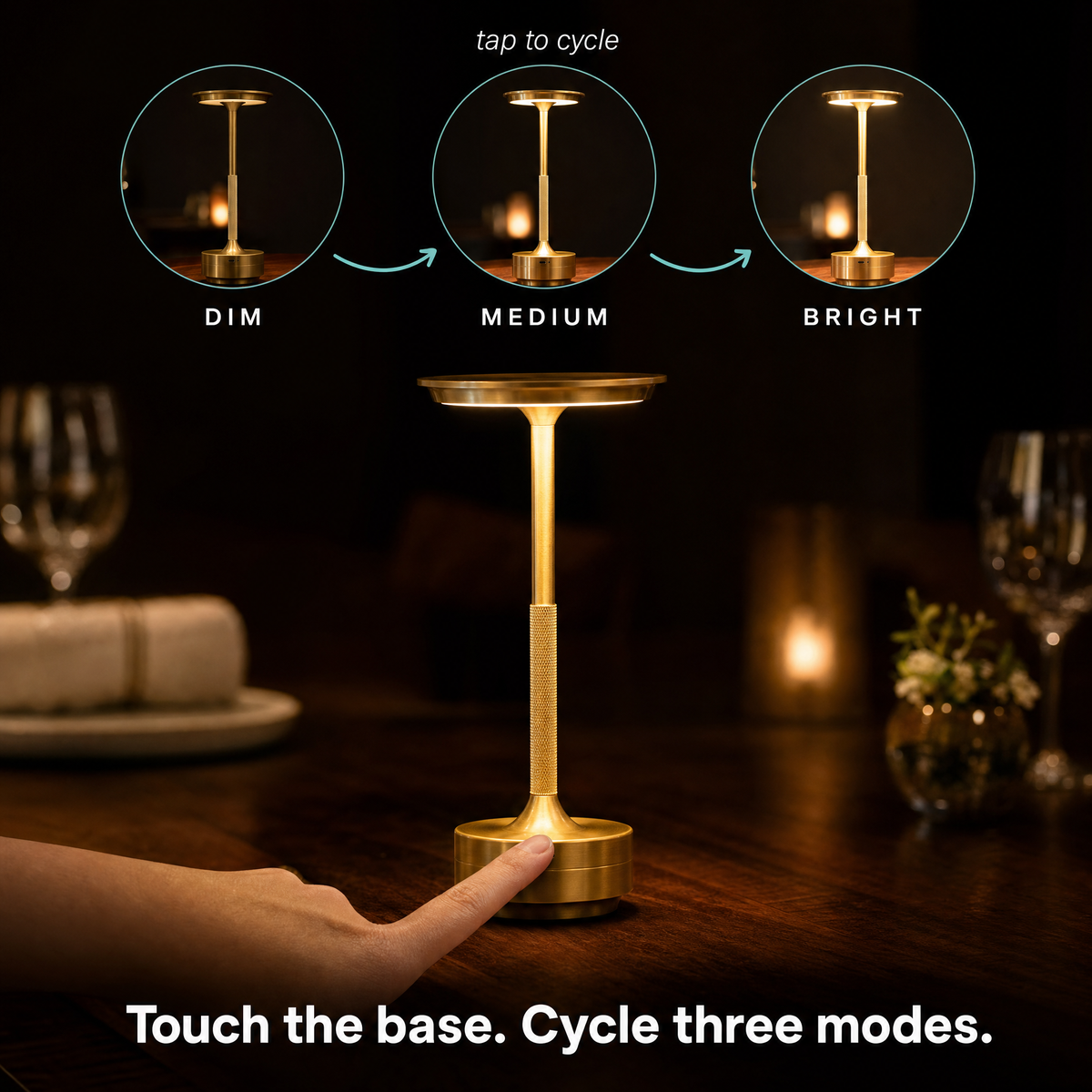 Touch the base to cycle three brightness modes — dim, medium, bright