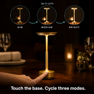 Touch the base to cycle three brightness modes — dim, medium, bright