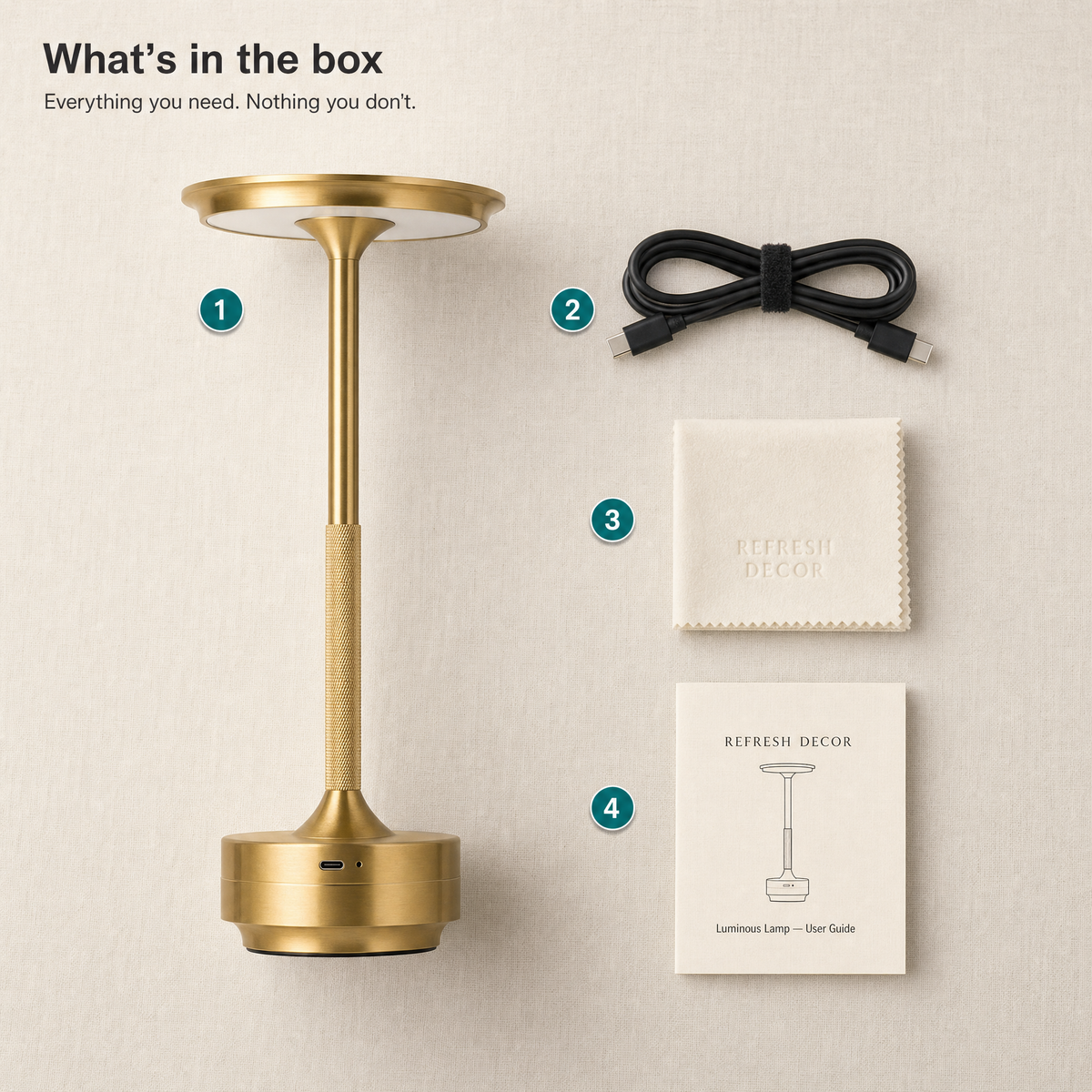 What's in the box — Refresh Decor Luminous Lamp: lamp with integrated base, USB-C cable, cleaning cloth, user guide