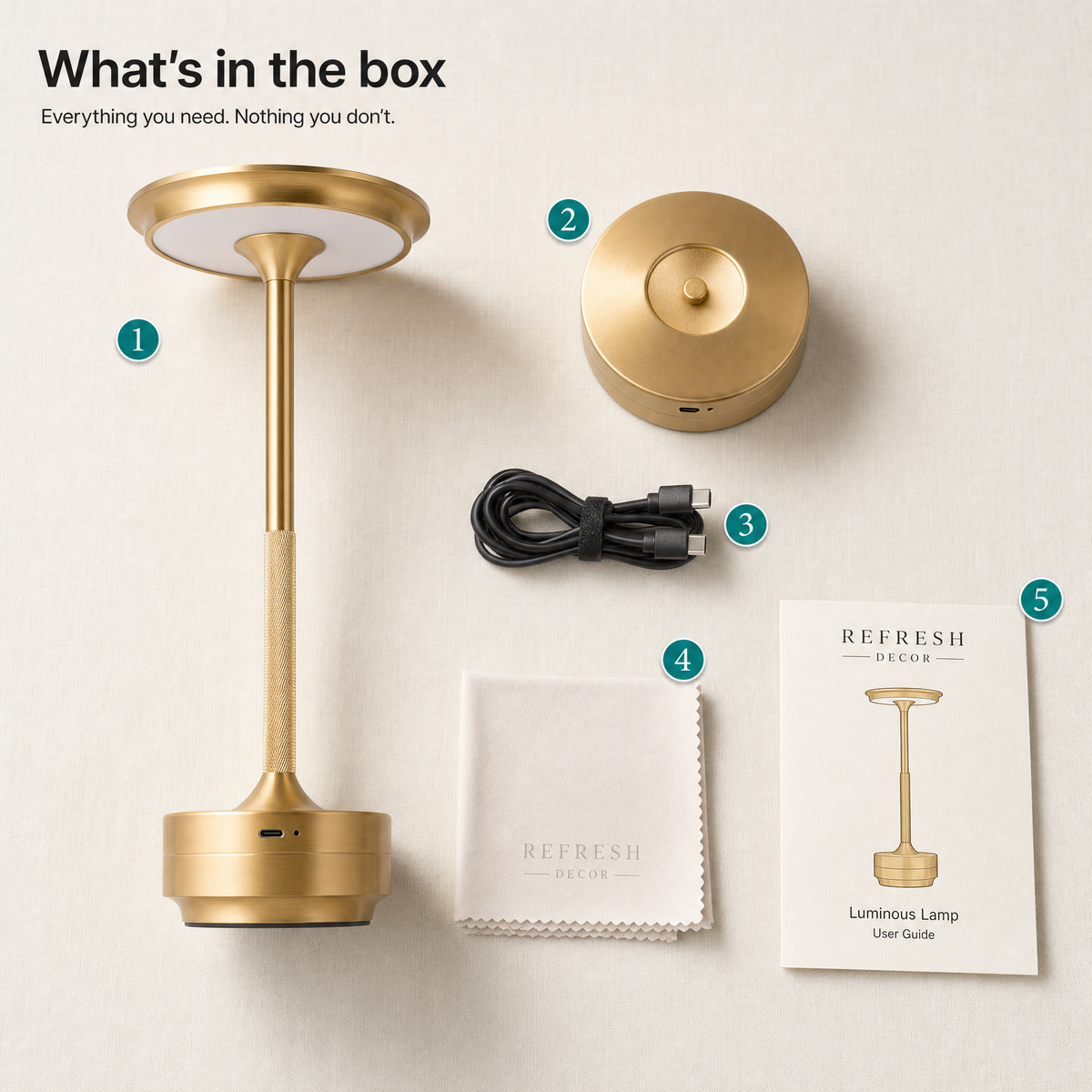 What's in the box — lamp, charging base, USB-C cable, microfiber cloth, user guide