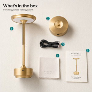 What is in the box — lamp, USB-C cable, brand collateral