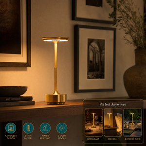 Refresh Decor Luminous Lamp on walnut console table under gallery wall — CORDLESS / 8-10H BATTERY / WATER RESISTANT / 3 LIGHT MODES badges + Perfect Anywhere inset