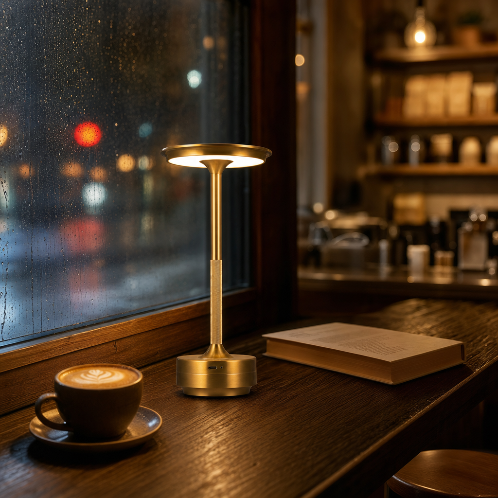 Luminous on a rainy-window cafe counter