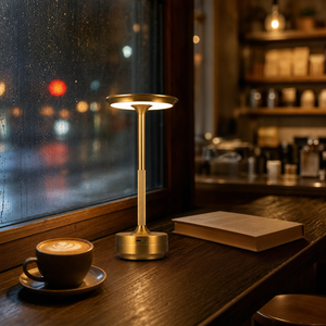 Luminous on a rainy-window cafe counter