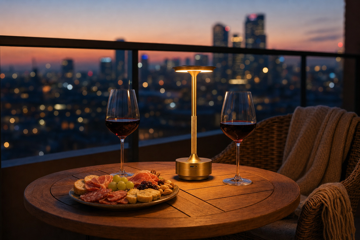 Luminous on a hotel rooftop balcony