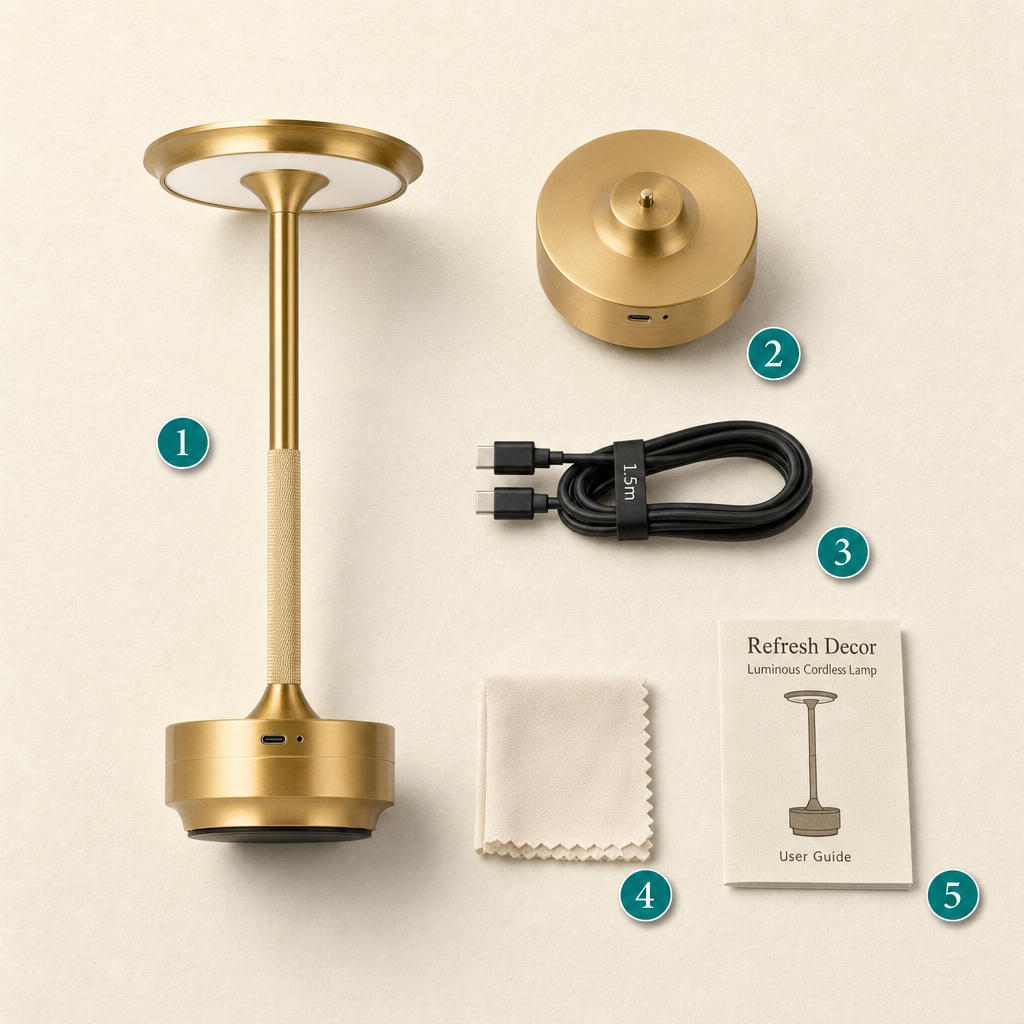 What's included — lamp, base, USB-C cable, cloth, guide