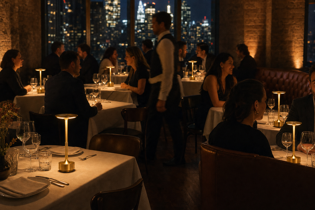 Multiple Luminous Lamps glowing across NYC restaurant tables during dinner service