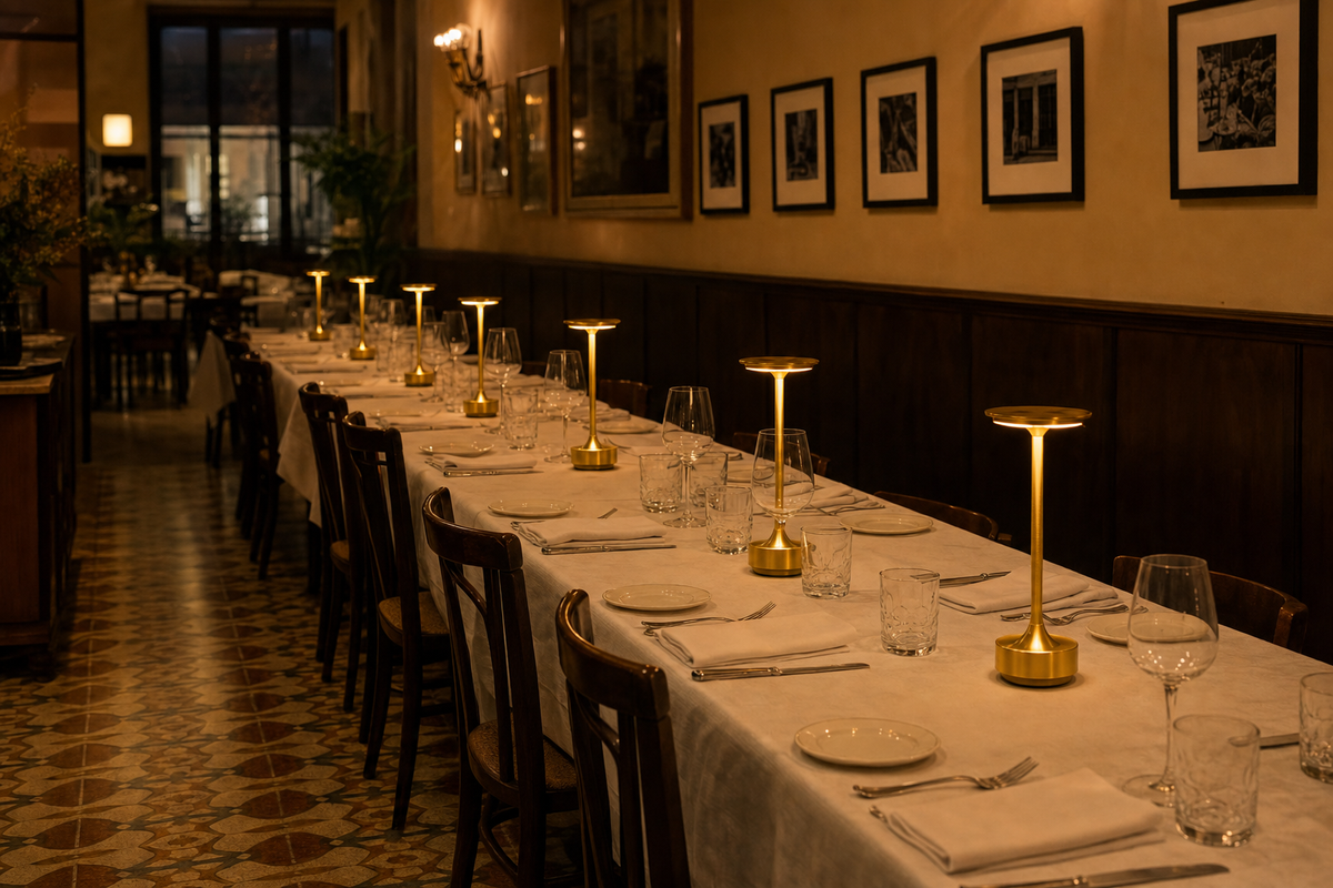 Six Luminous Lamps lining a long communal table in a Milanese trattoria — multi-unit deployment
