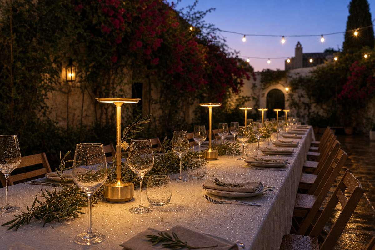 Five Luminous Lamps along a Lisbon wedding reception table — outdoor event lighting