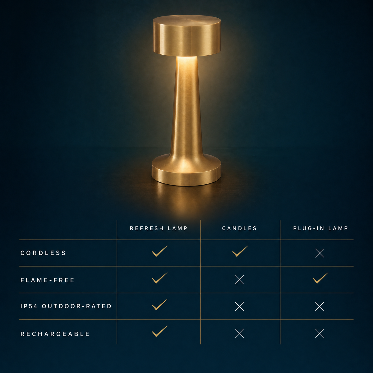 Refresh Lamp vs candles vs plug-in lamps — cordless, flame-free, IP54, rechargeable
