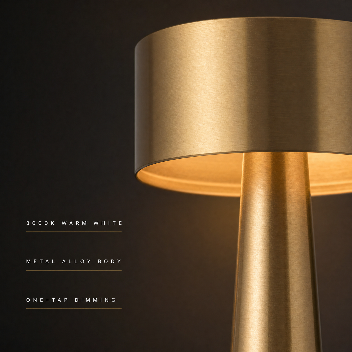 Macro detail — 3000K warm white glow, metal alloy body, one-tap dimming