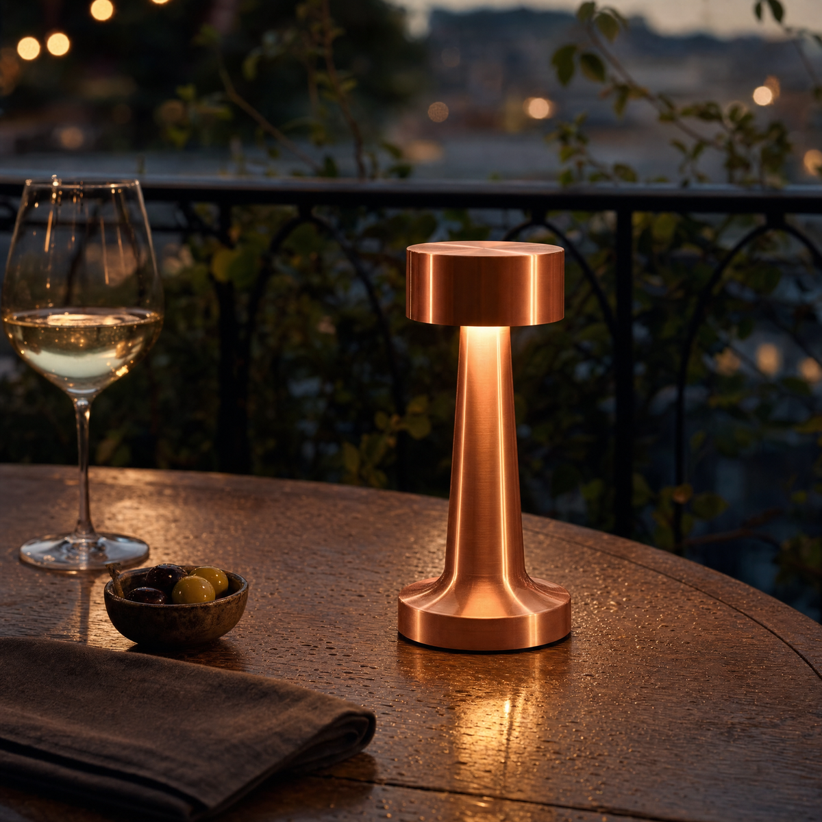 Restaurant Lamp in Red Copper on a rain-dappled terrace table at dusk