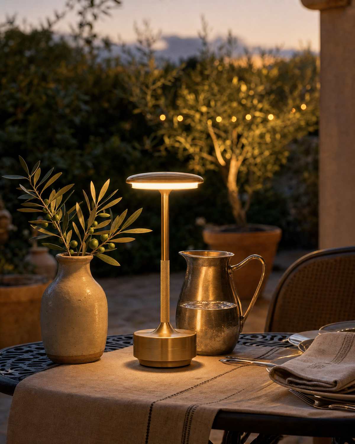 Outdoor terrace patio scene with Refresh Decor lamp